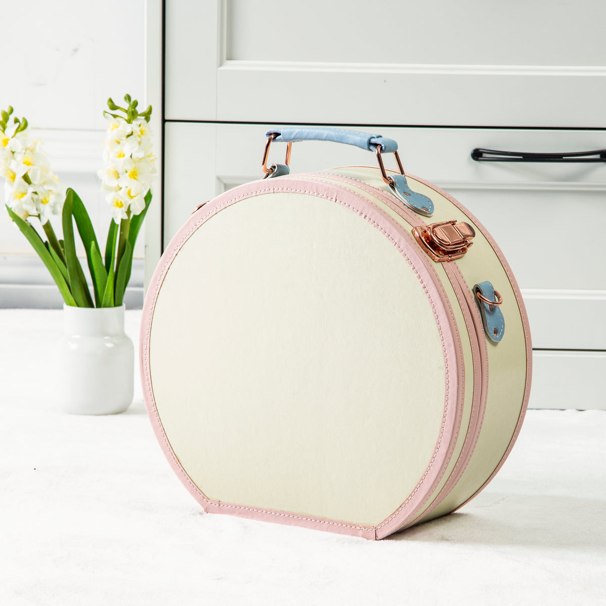 13 Inch Vintage Round Hatbox Handbag Vegan Leather Vanity Cosmetic Travel Case by Miravio