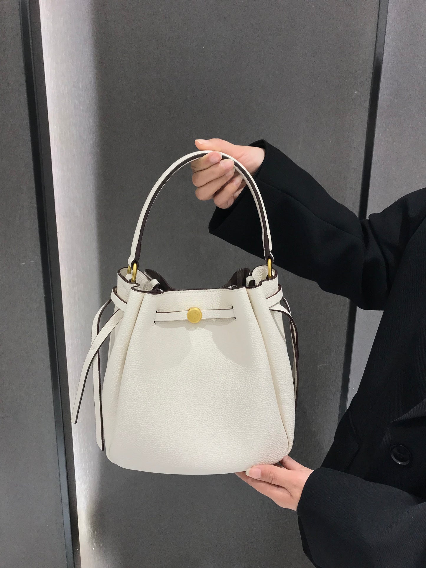 The Luna Bag, Structured Vegan Leather Bucket Bag Top Handle Crossbody by Miravio