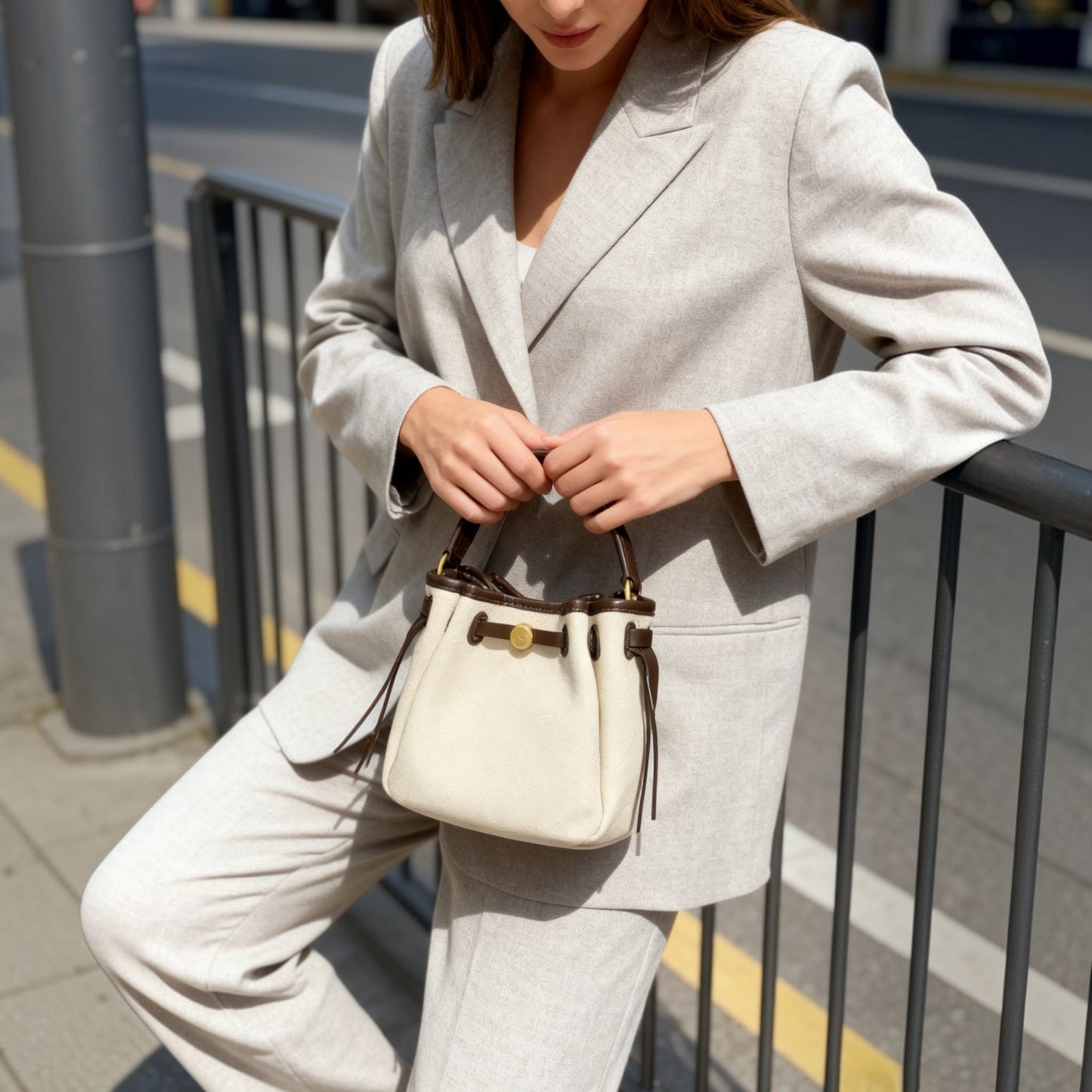 The Luna Bag, Structured Vegan Leather Bucket Bag Top Handle Crossbody by Miravio